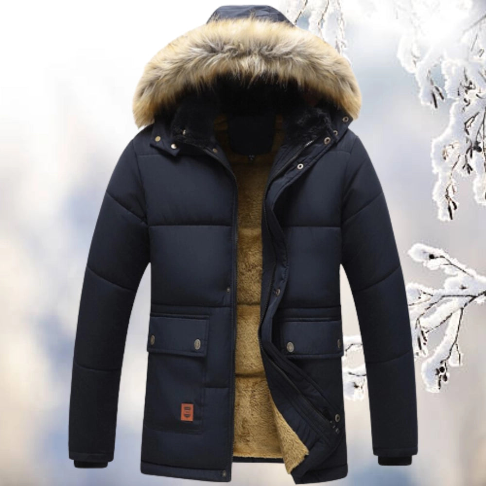 Men's relaxed fit water-resistant parka jacket with faux fur hood and cozy fleece lining