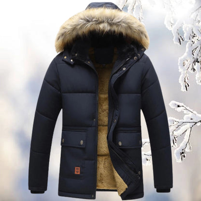Men's relaxed fit water-resistant parka jacket with faux fur hood and cozy fleece lining
