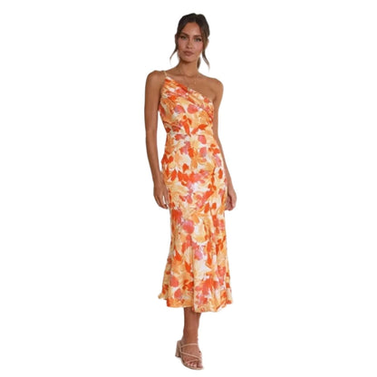 Women's floral asymmetric midi dress in multicolor print, flowing silhouette, wedding guest style