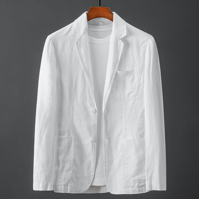 Azure blue casual linen blazer with soft structure, 2-button closure, and relaxed patch pockets