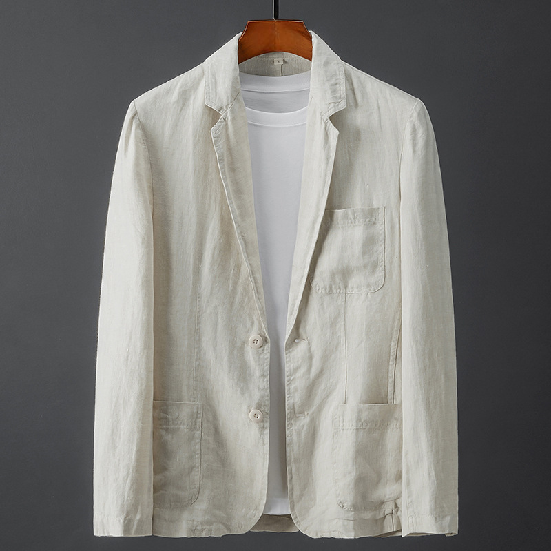 Azure blue casual linen blazer with soft structure, 2-button closure, and relaxed patch pockets