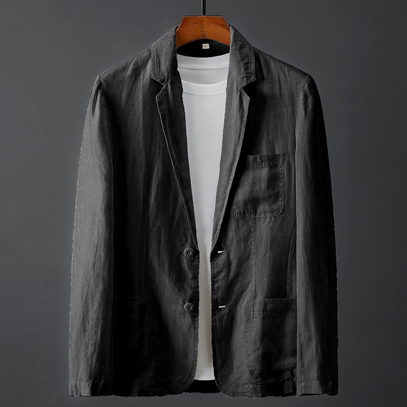 Azure blue casual linen blazer with soft structure, 2-button closure, and patch pockets