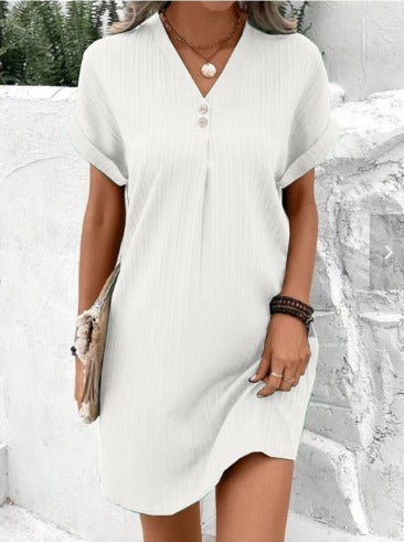 Floral V-neck spring dress with flattering tummy coverage, elegant flowing silhouette