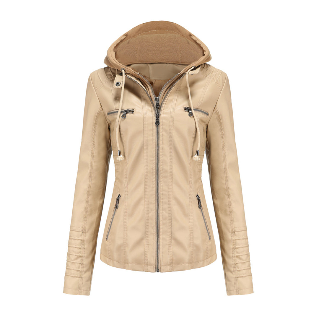 Isabella women's black hooded zip-up biker jacket with sleek urban design and functional hood