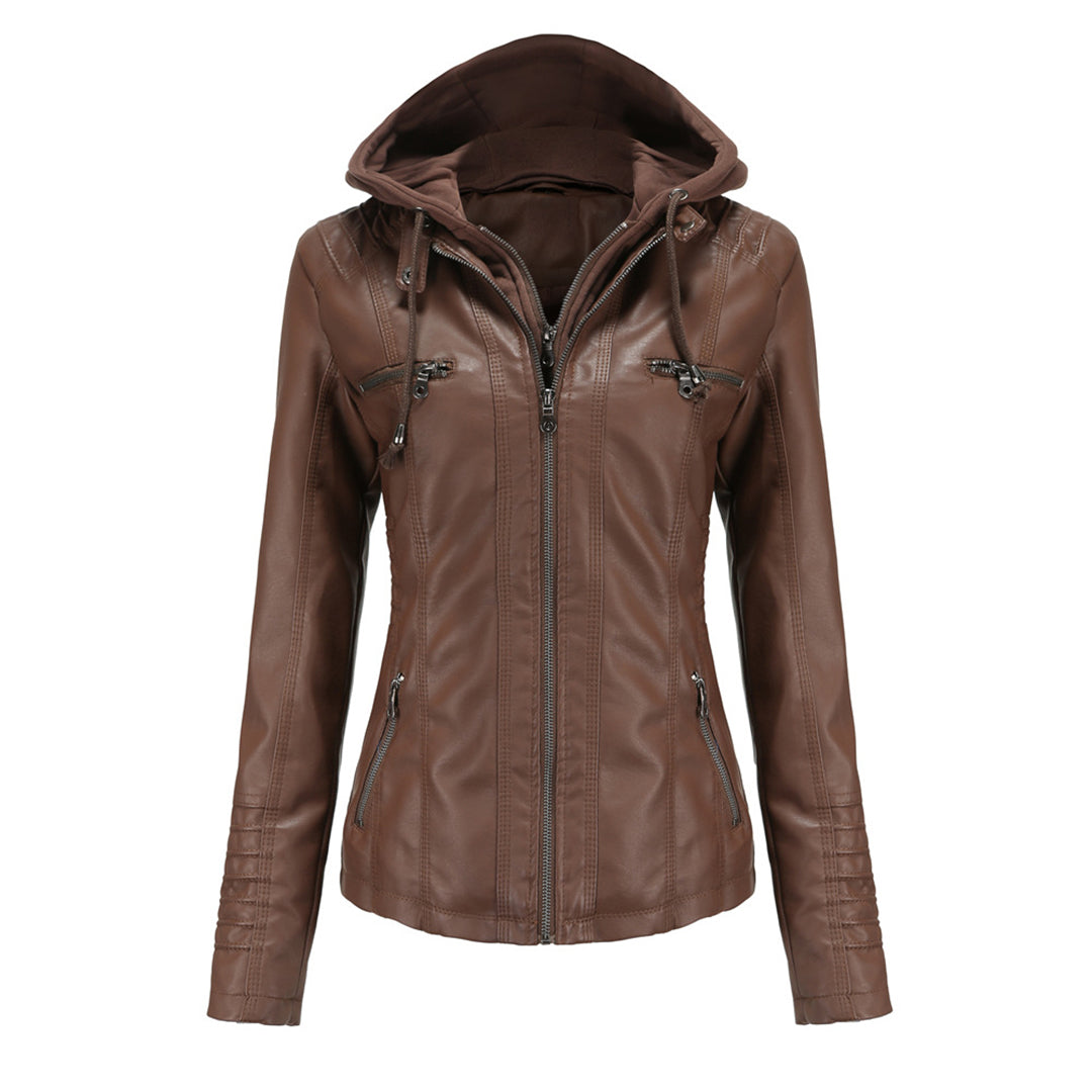 Isabella women's black hooded zip-up biker jacket with sleek urban design and functional hood