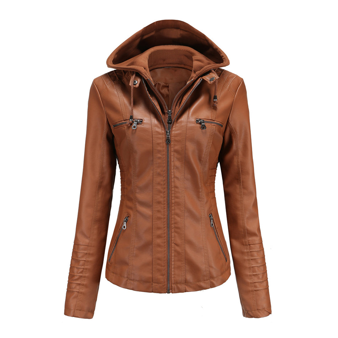 Isabella women's hooded zip-up biker jacket in sleek urban style with functional hood