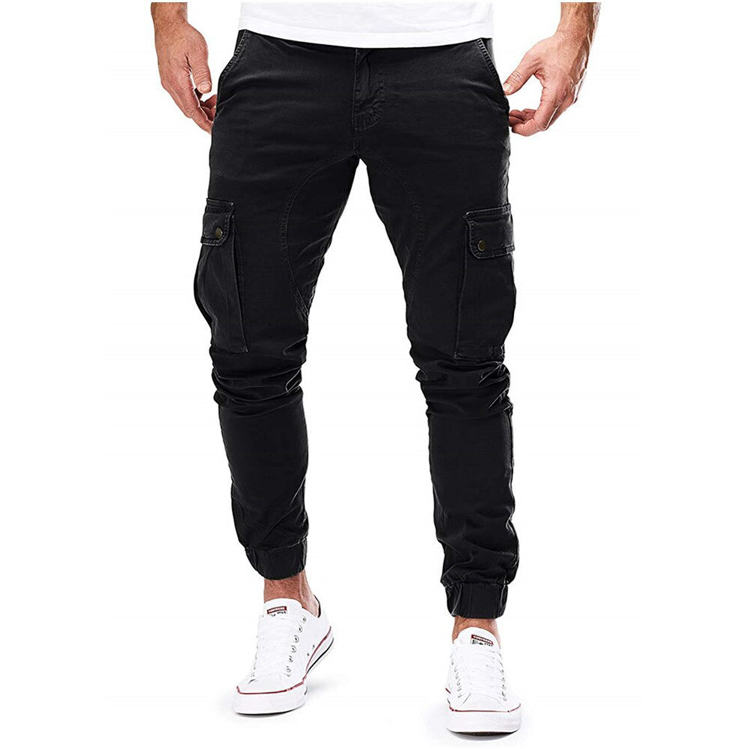Men's slim-tapered cargo jogger pants in breathable cotton blend with multiple utility pockets