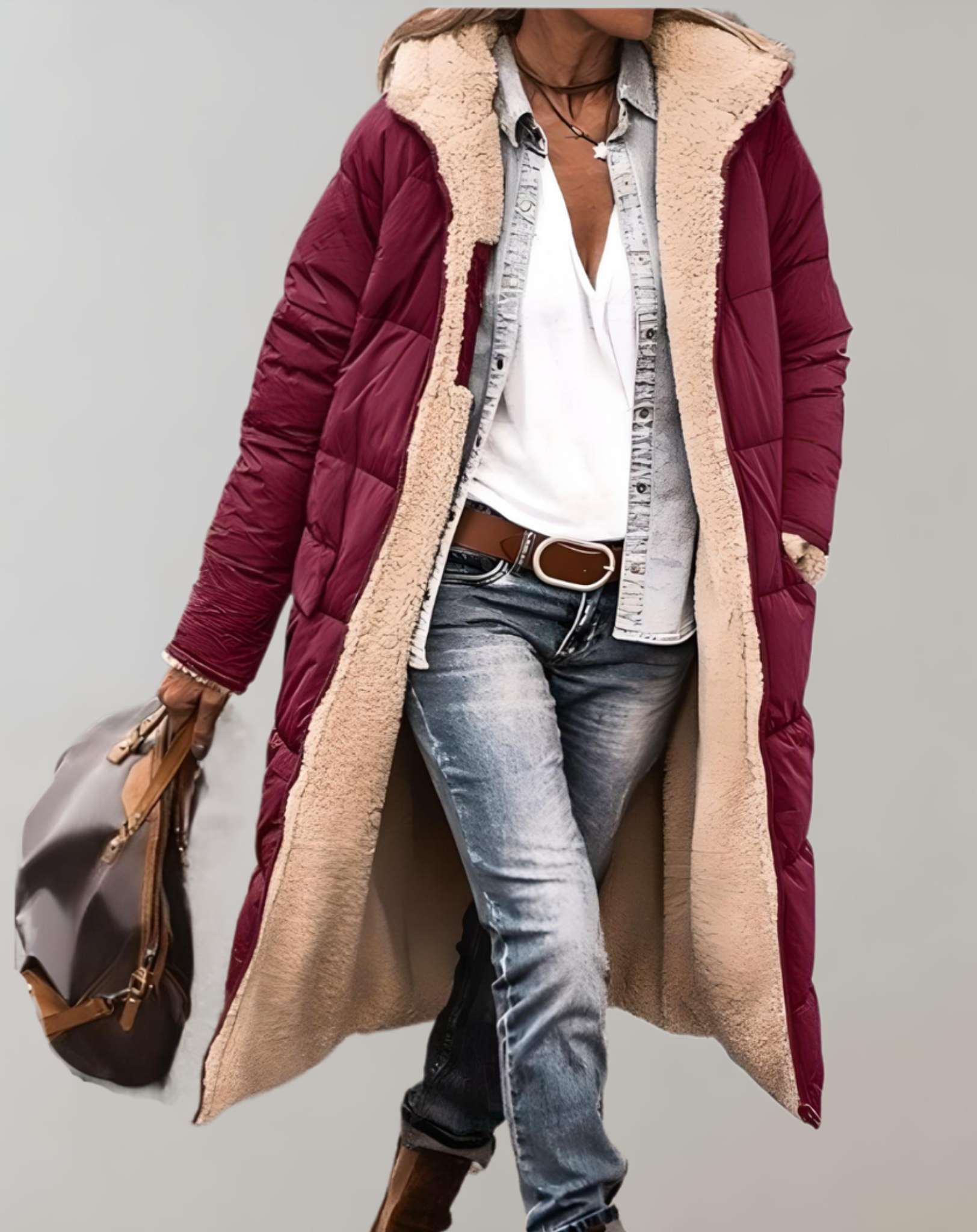Women's full-length quilted puffer coat relaxed fit with attached hood in cozy casual style