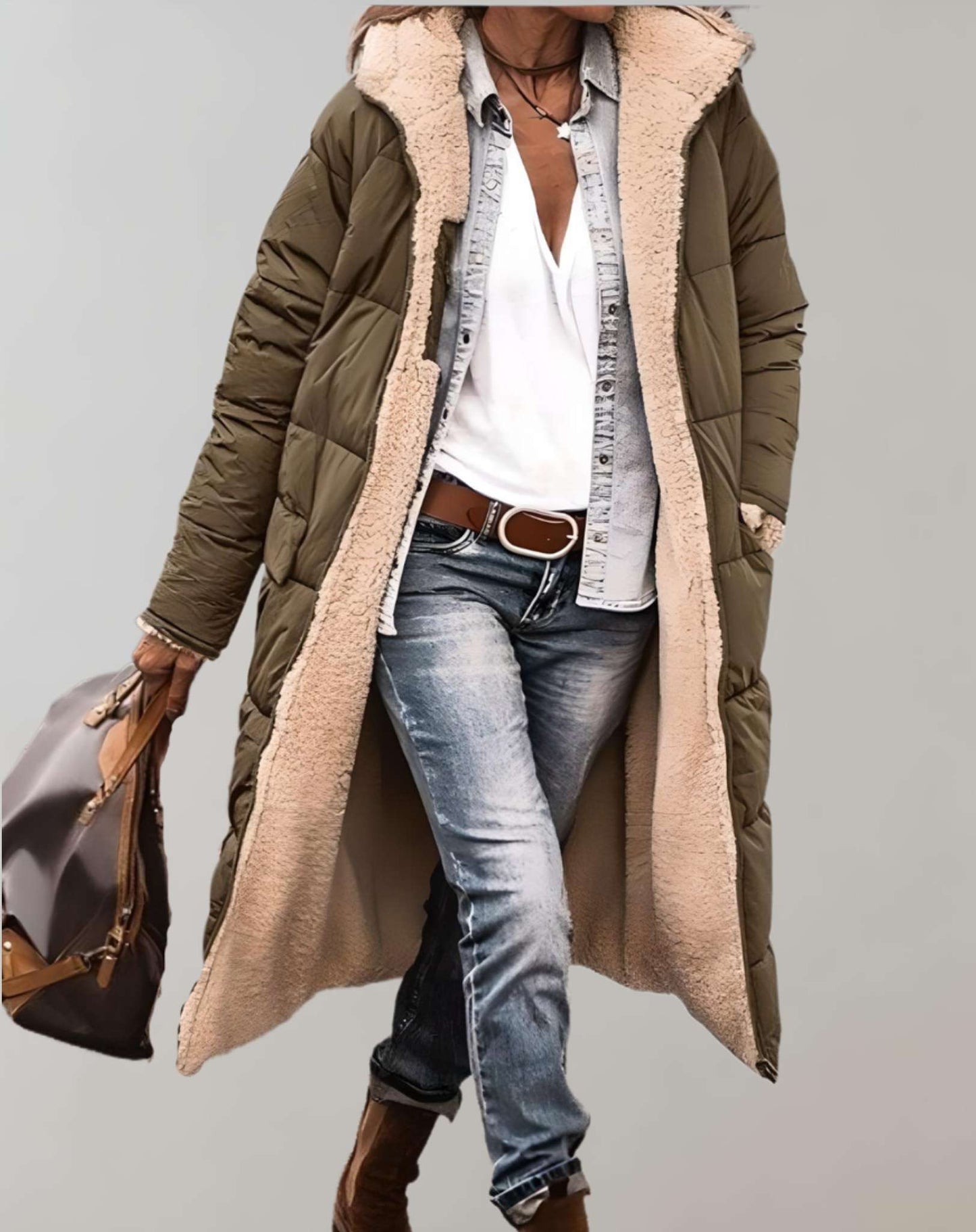 Women's full-length quilted puffer coat relaxed fit with attached hood for cozy warmth