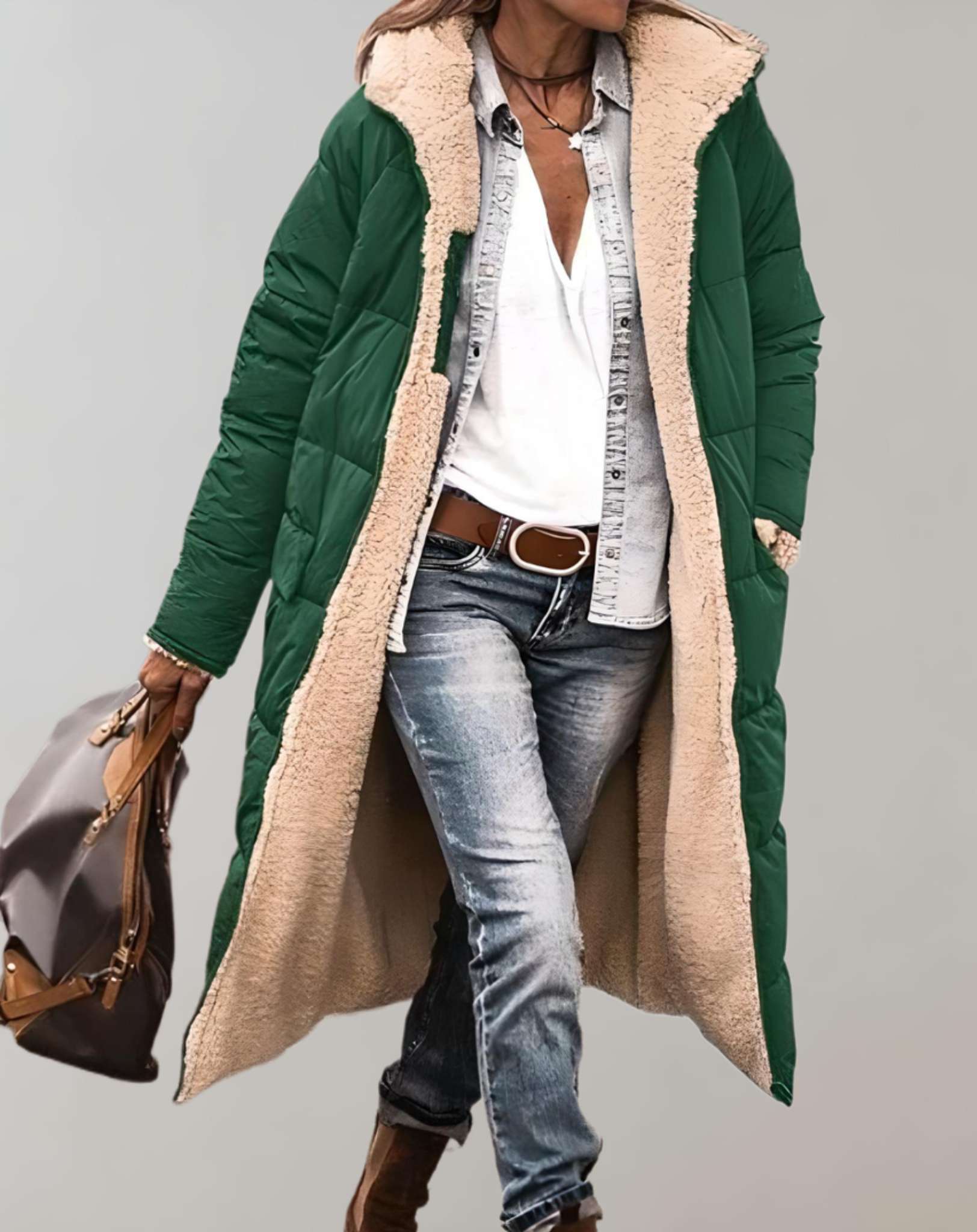Women's full-length quilted puffer coat relaxed fit with attached hood for cozy winter warmth