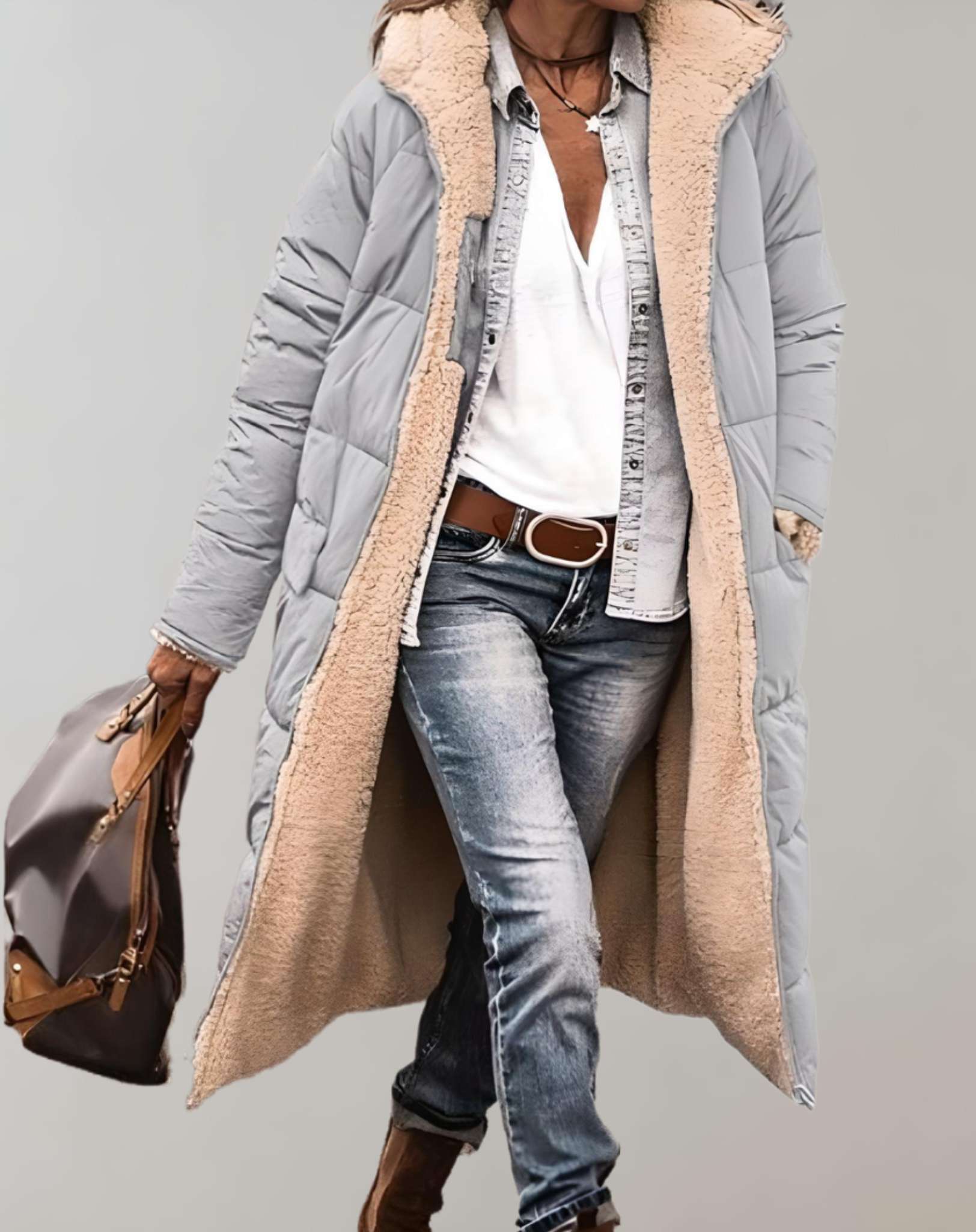 Women's full-length quilted puffer coat relaxed fit with attached hood for cozy warmth