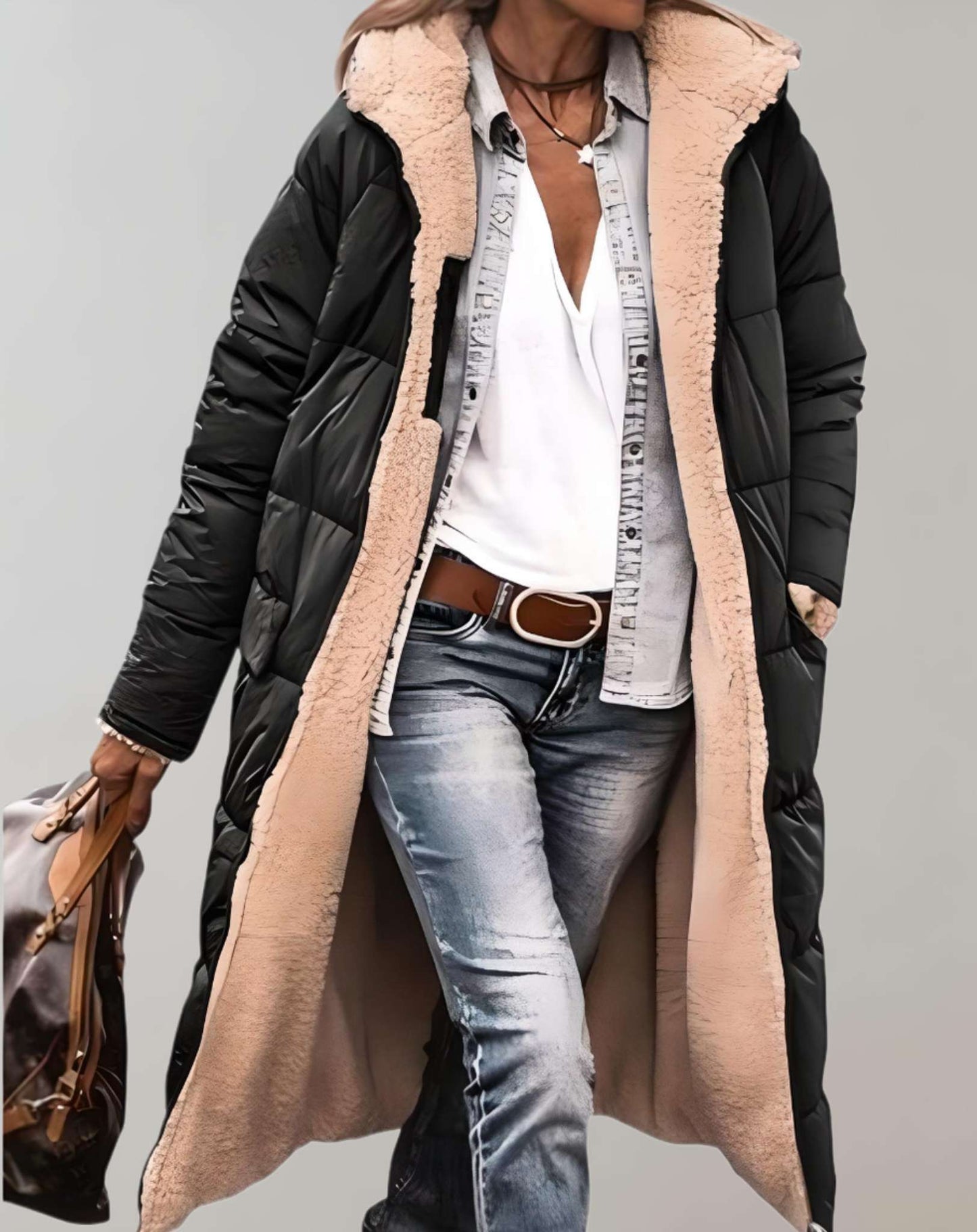 Women's full-length quilted puffer coat relaxed fit with attached hood for cozy winter warmth