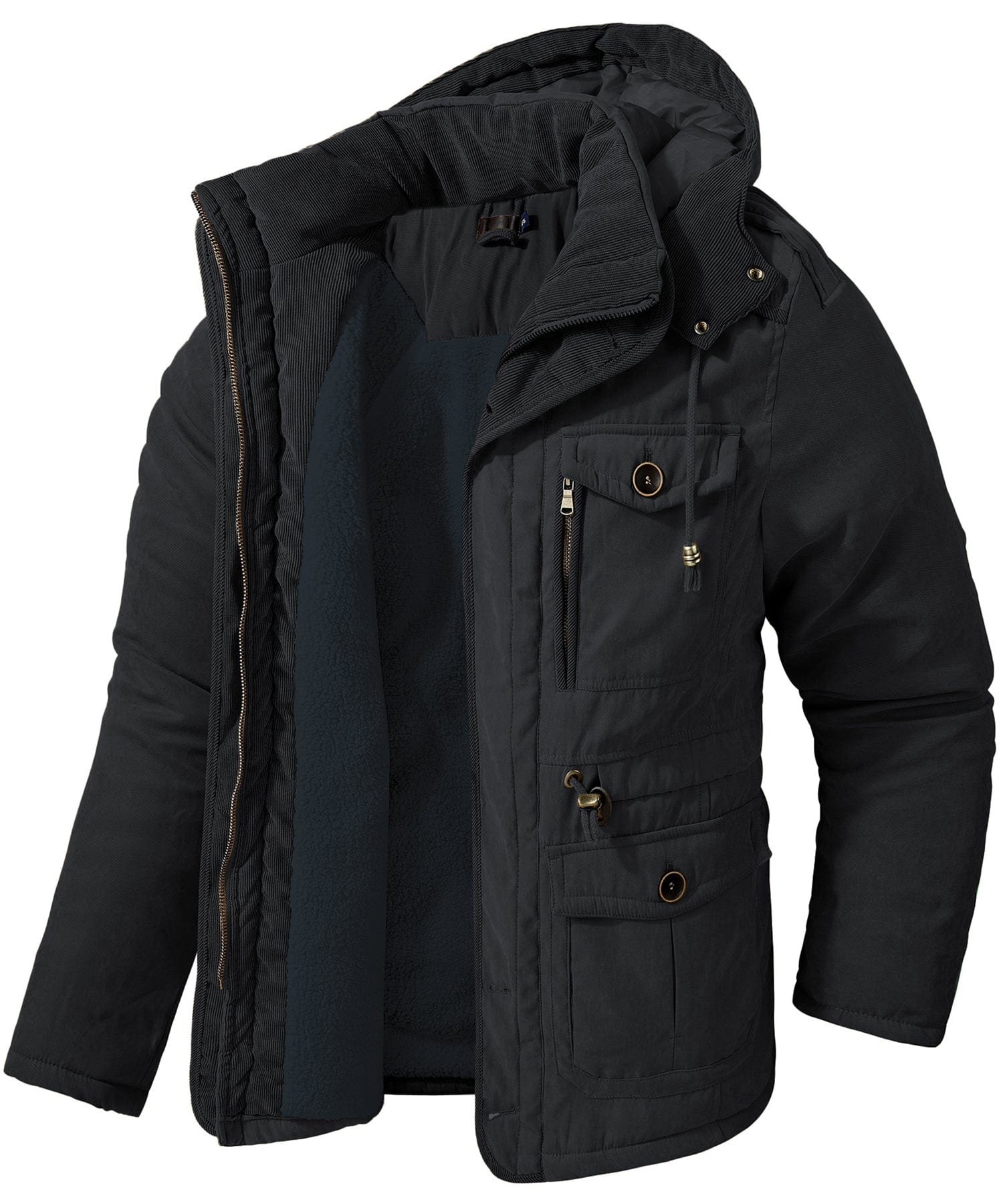 Men's navy insulated winter jacket with fleece lining, heavyweight hood, and rugged polyester shell