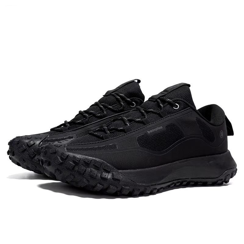 Men's gray all-terrain hiking shoes with non-slip outsole, water-resistant upper, and rubberized toe box