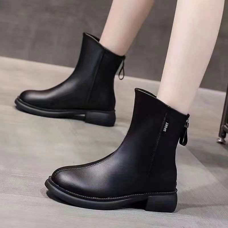 Women's black winter boots back zipper chunky heel waterproof slip-resistant stylish cold weather footwear