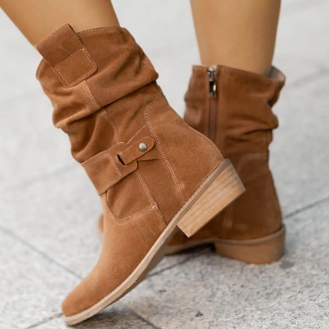 Women's slouchy suede ankle boots mid-high block heel with gold buckle detail