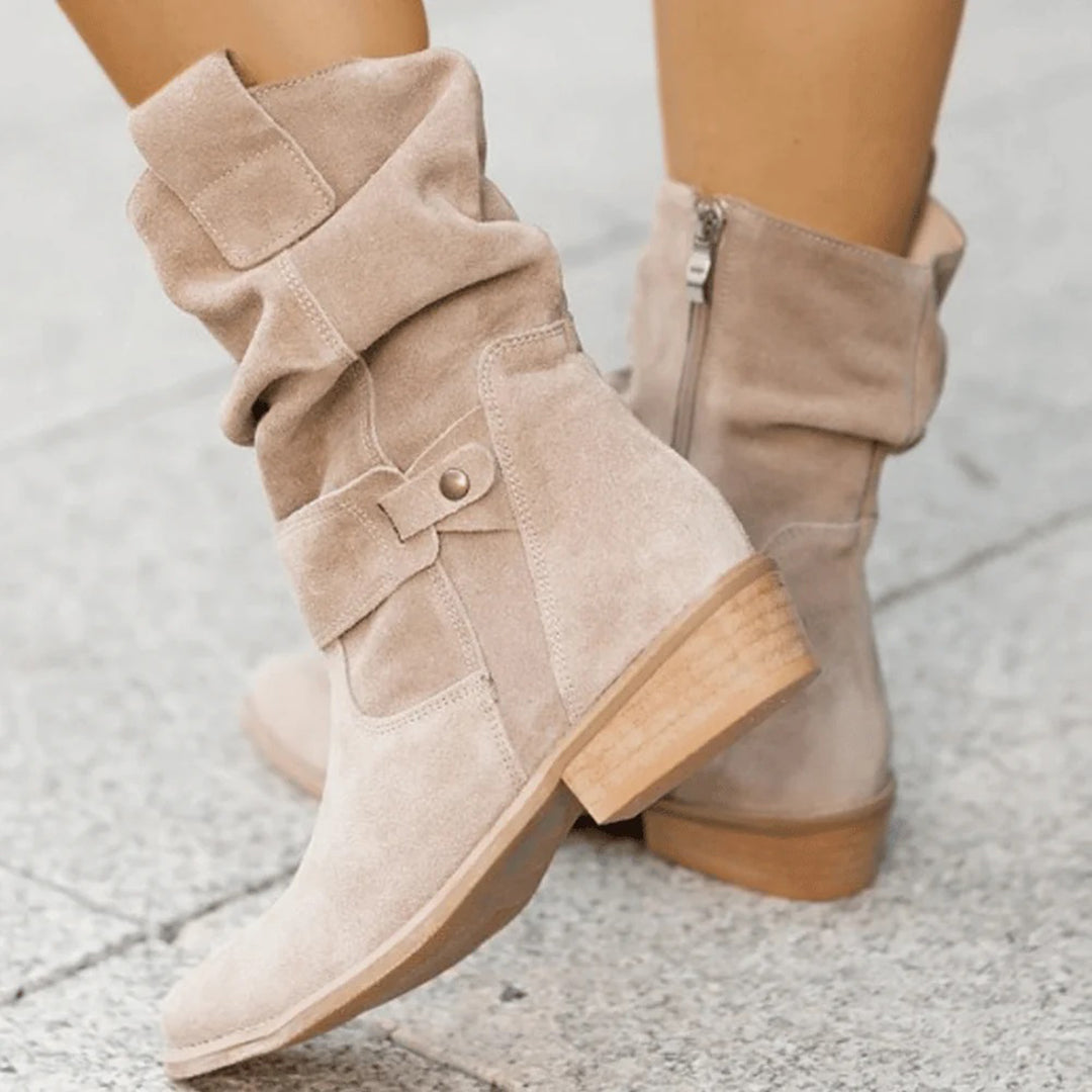 Women's slouchy suede ankle boots mid-high block heel with gold buckle detail in neutral tone
