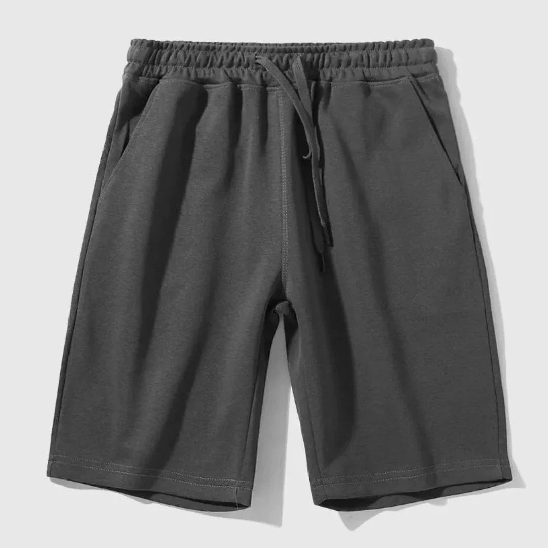 Men's gray cotton-poly drawstring jogger shorts relaxed knee-length fit with adjustable waistband