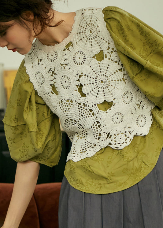 Magnifique gilet beige en coton à col rond et crochet ajouré sans manches - Wavlynn
