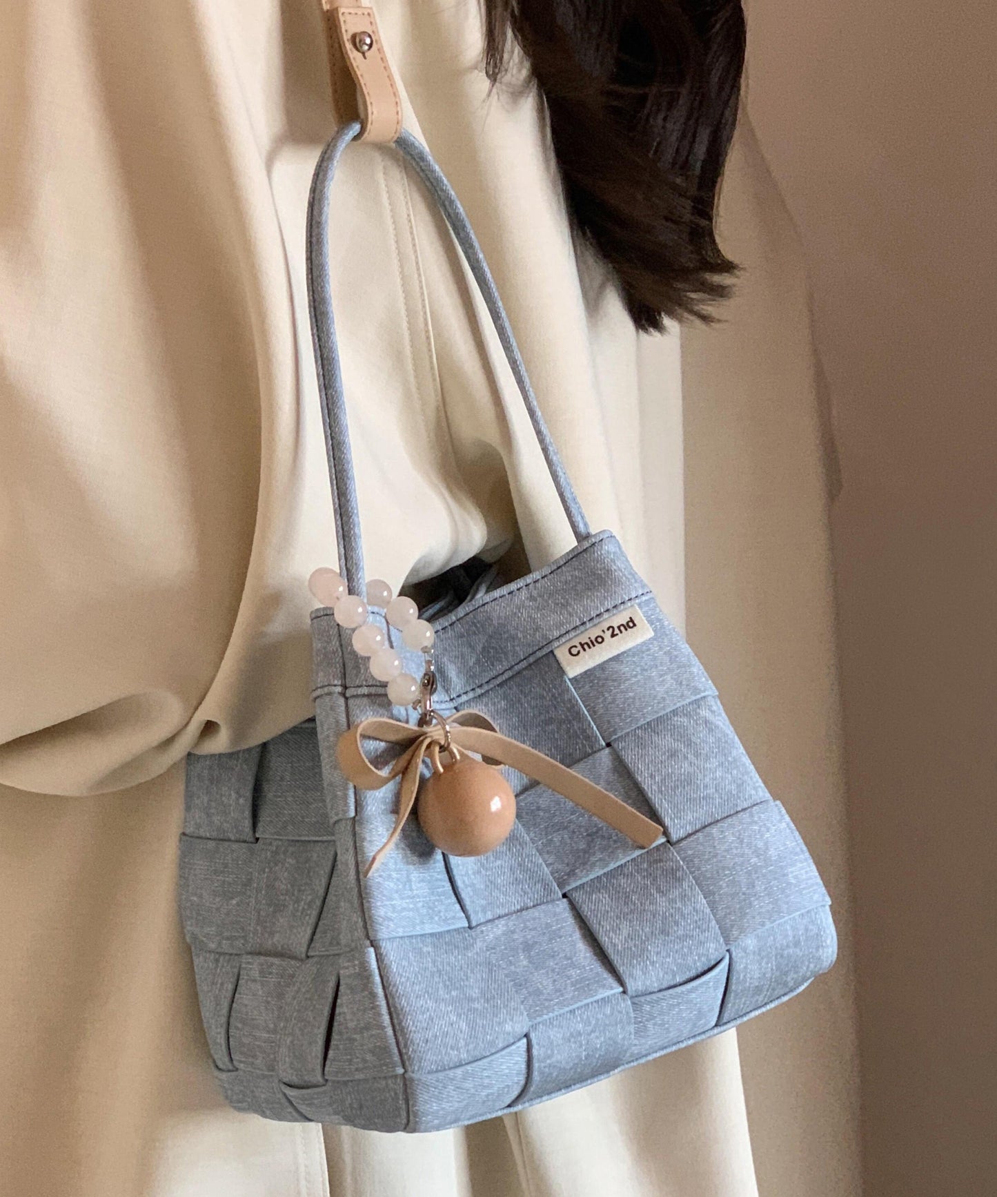 Magnifique sac seau tissé en denim bleu - Wavlynn