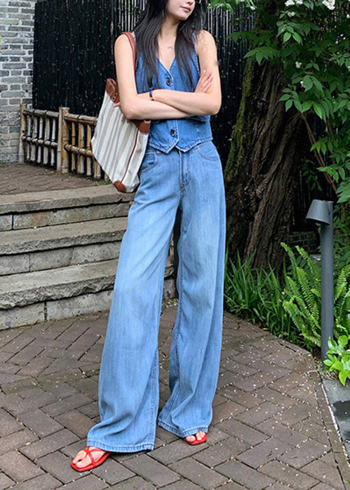 Magnifique pantalon en jean taille haute à poches bleues pour l'automne - Wavlynn