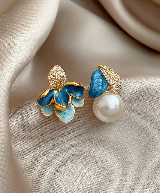Magnifiques boucles d'oreilles à tige asymétriques en émail et zircon bleu cuivre - Wavlynn