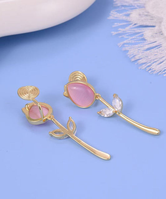 Magnifiques boucles d'oreilles pendantes tulipes en pierre œil de chat surdorée en cuivre - Wavlynn