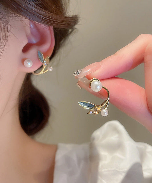Magnifiques boucles d'oreilles créoles en cuivre doré avec zircons et perles en forme de feuille - Wavlynn
