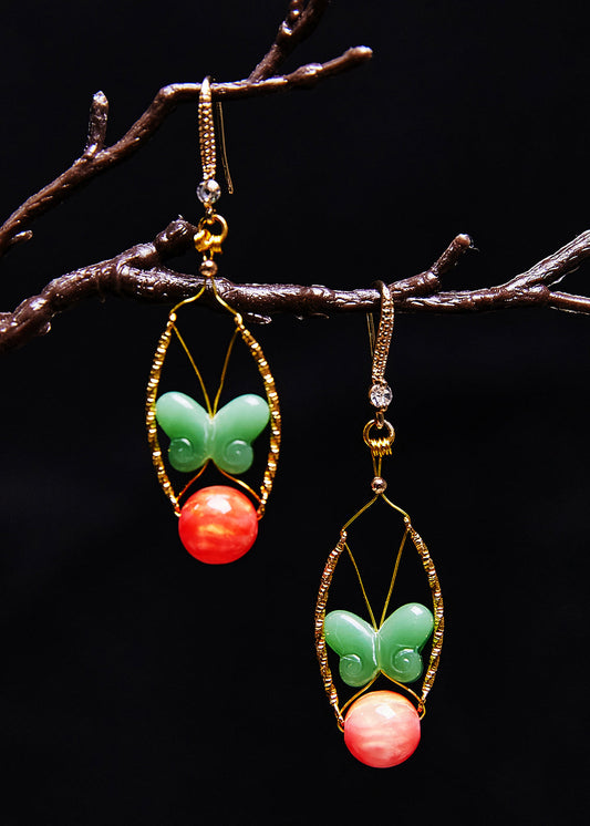 Magnifiques boucles d'oreilles pendantes en Jade papillon vert, Design Original - Wavlynn