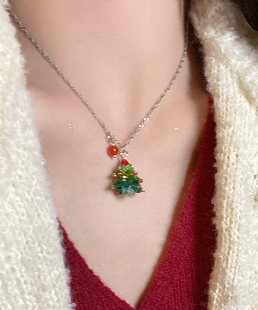 Magnifique collier avec pendentif en forme de sapin de Noël en acier inoxydable vert et cristal - Wavlynn