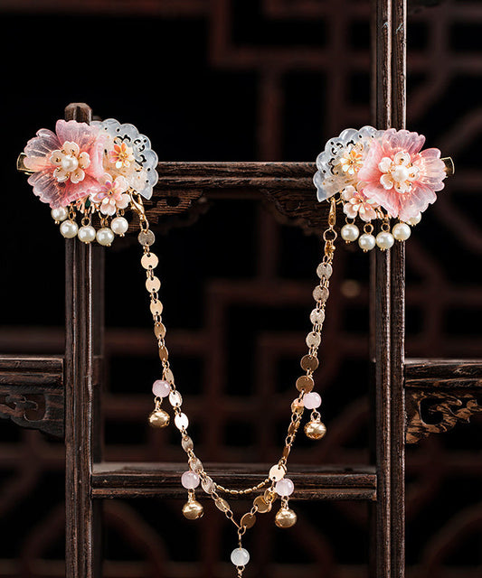 Belle épingle à cheveux en alliage de cuivre rose avec chaîne en résine et perles pivoine pour filles - Wavlynn