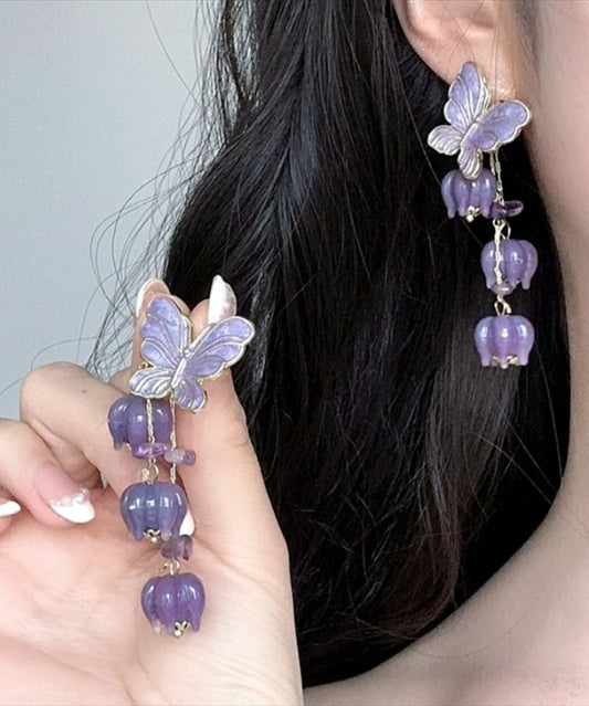 Magnifiques boucles d'oreilles pendantes en alliage violet avec pompon et papillon - Wavlynn