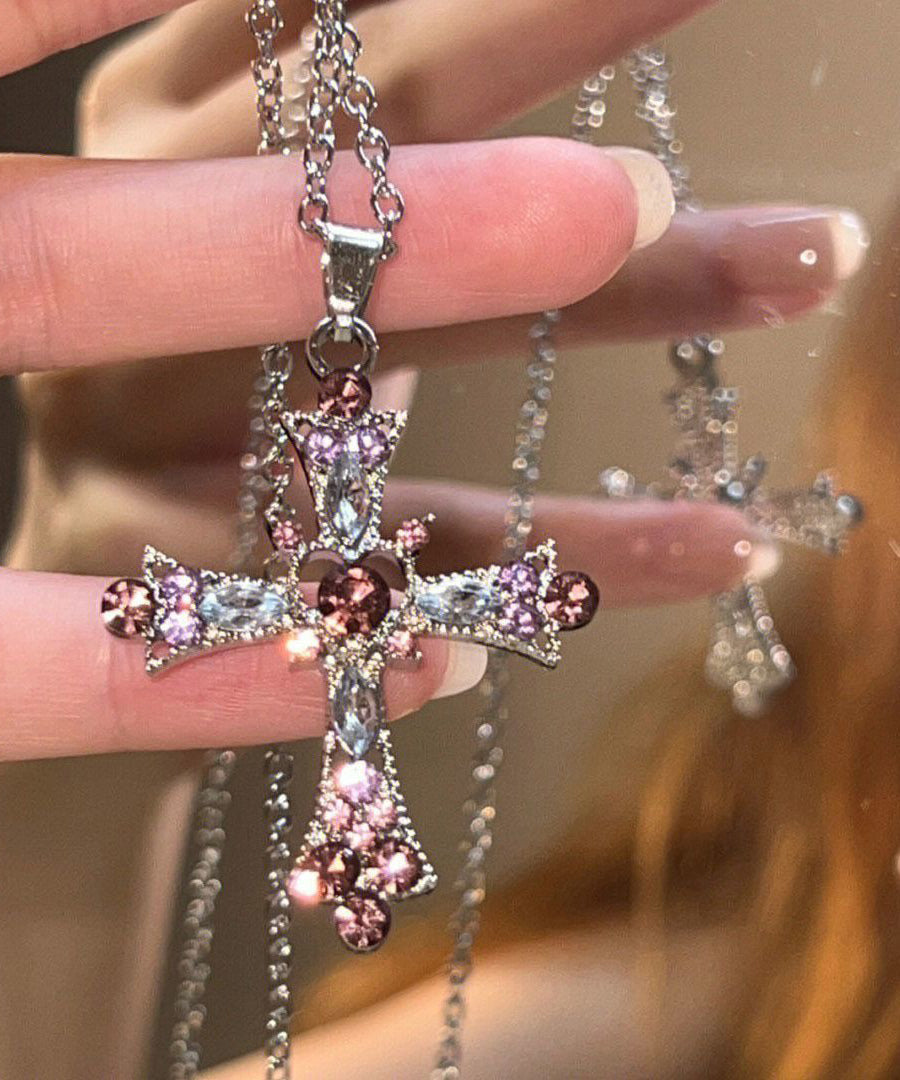 Magnifique collier lariat en alliage de zircon violet avec croix - Wavlynn