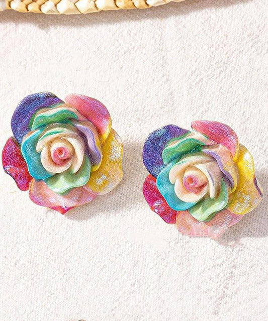 Magnifiques boucles d'oreilles à tige en résine et alliage arc-en-ciel en forme de rose - Wavlynn