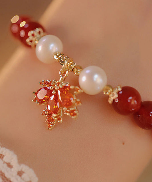 Magnifique bracelet à breloques en argent sterling rouge avec agate dorée et feuille d'érable - Wavlynn