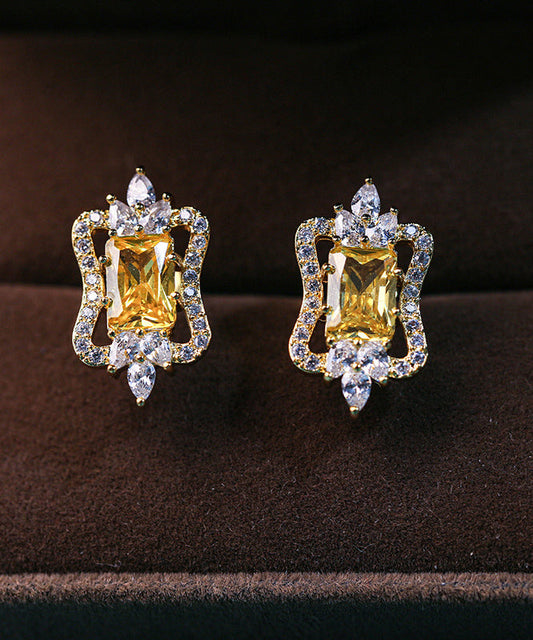 Magnifiques boucles d'oreilles à tige en argent sterling jaune avec zircons surdorés - Wavlynn