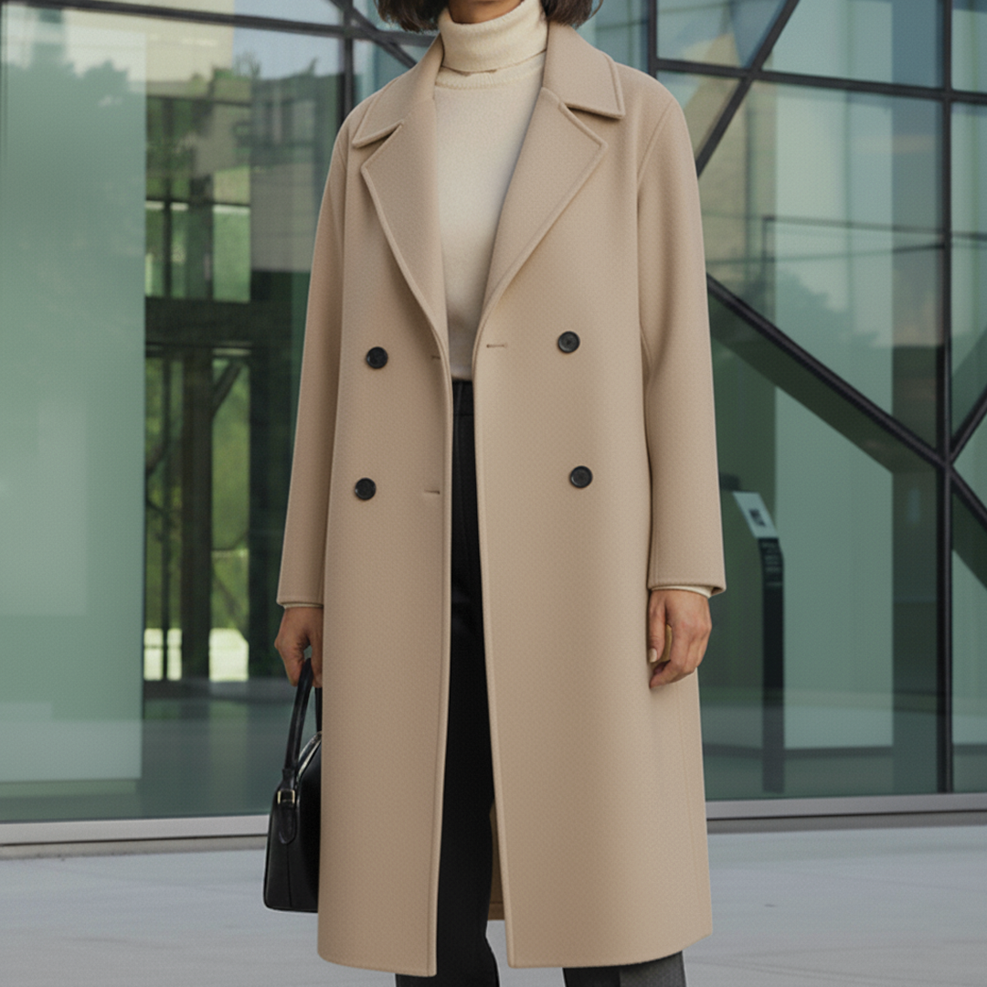 Women's beige double-breasted knee-length trench coat with large lapels, classic elegant style