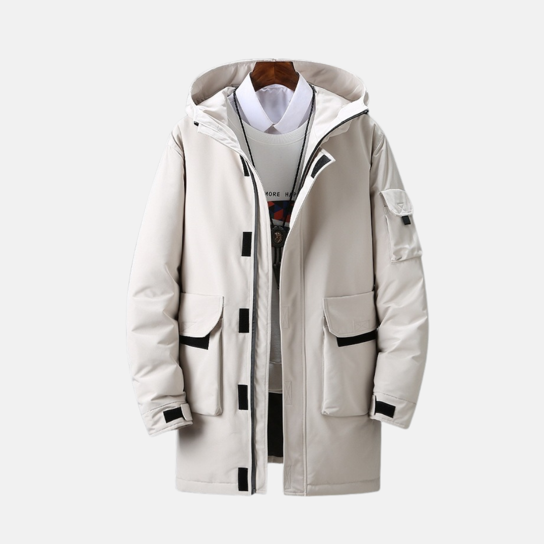 Men's dark hooded winter coat mid-thigh relaxed fit with adjustable cuffs woven polyester