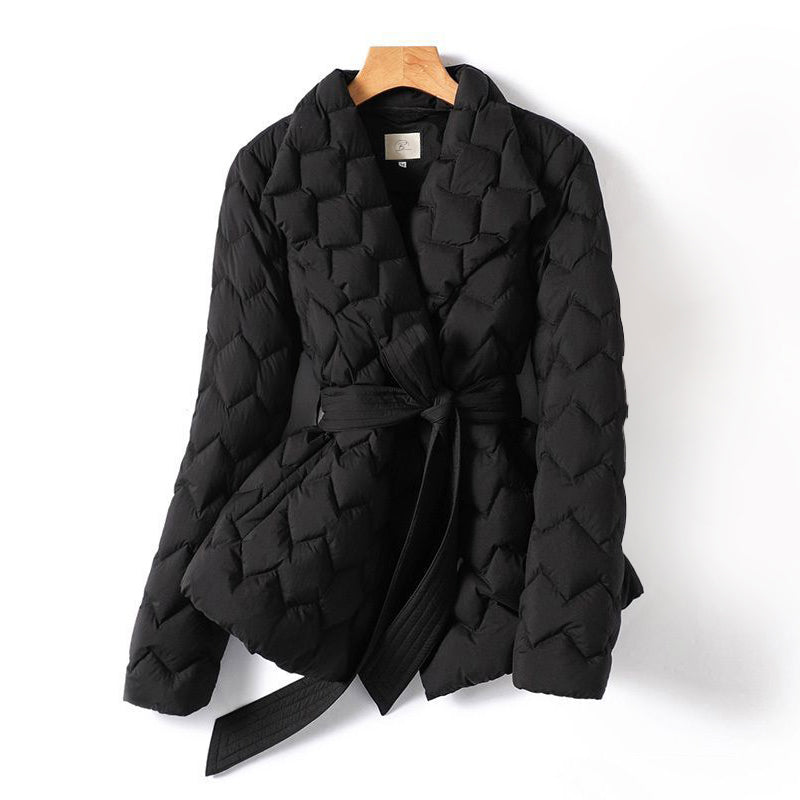 Soft puffer jacket unisex belted waist lightweight insulation city-style down coat