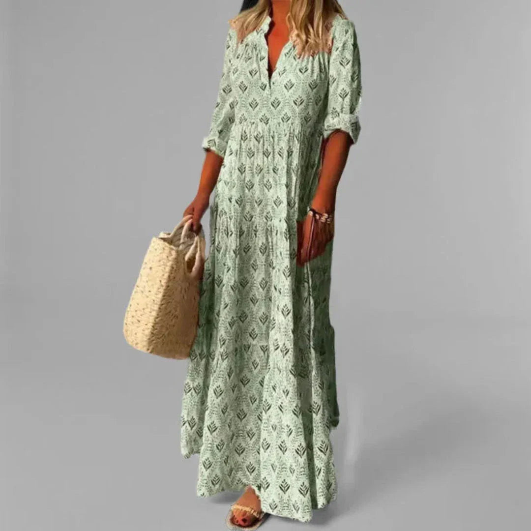 Floral vintage print maxi dress with stand collar, relaxed A-line silhouette in retro-inspired style