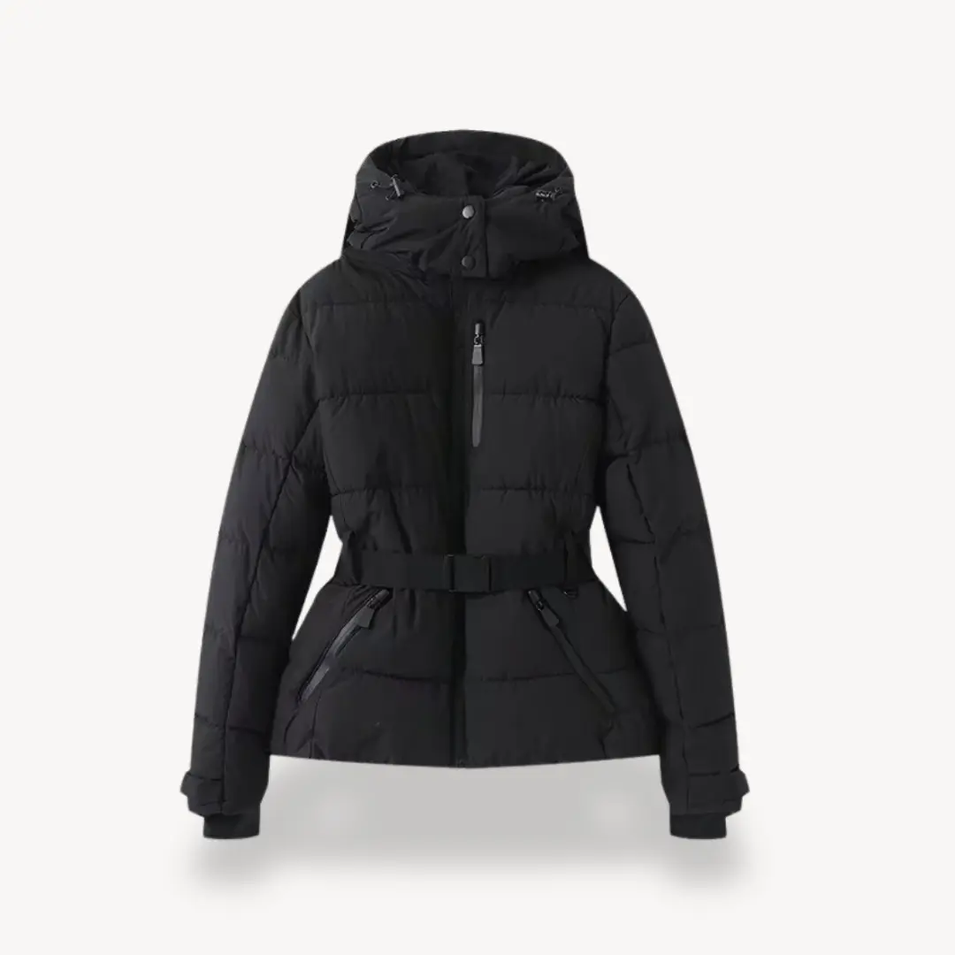 Women's belted puffer jacket cinched waist water-resistant insulated coat stylish winter outerwear