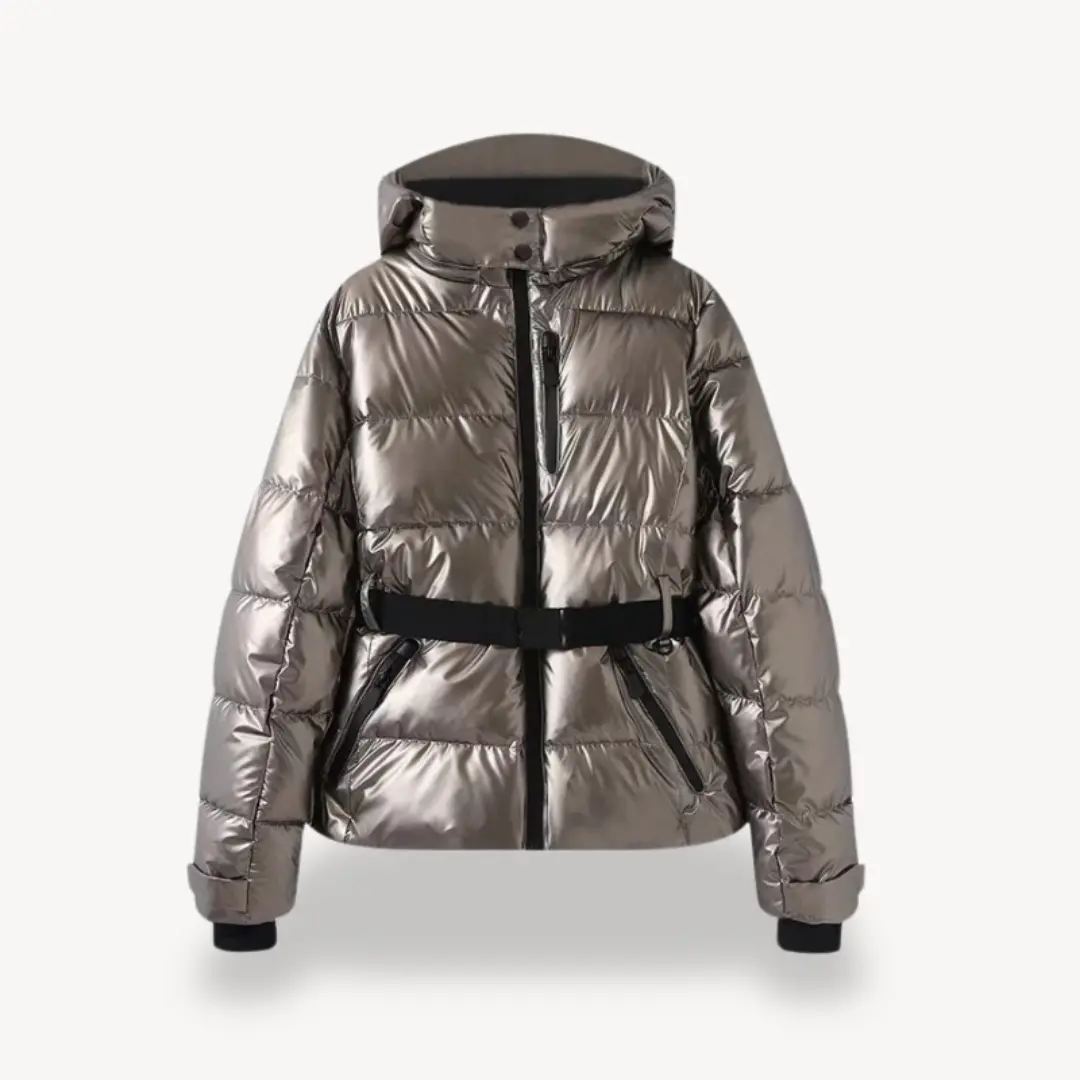Women's belted puffer jacket cinched waist water-resistant with detachable hood