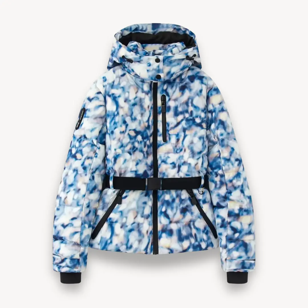 Women's belted puffer jacket cinched waist water-resistant with detachable hood