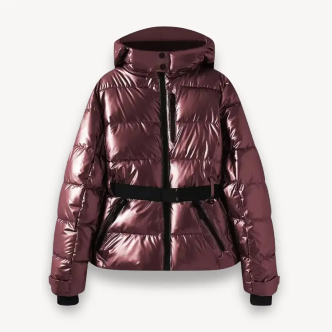 Women's belted puffer jacket cinched waist water-resistant insulated coat stylish silhouette