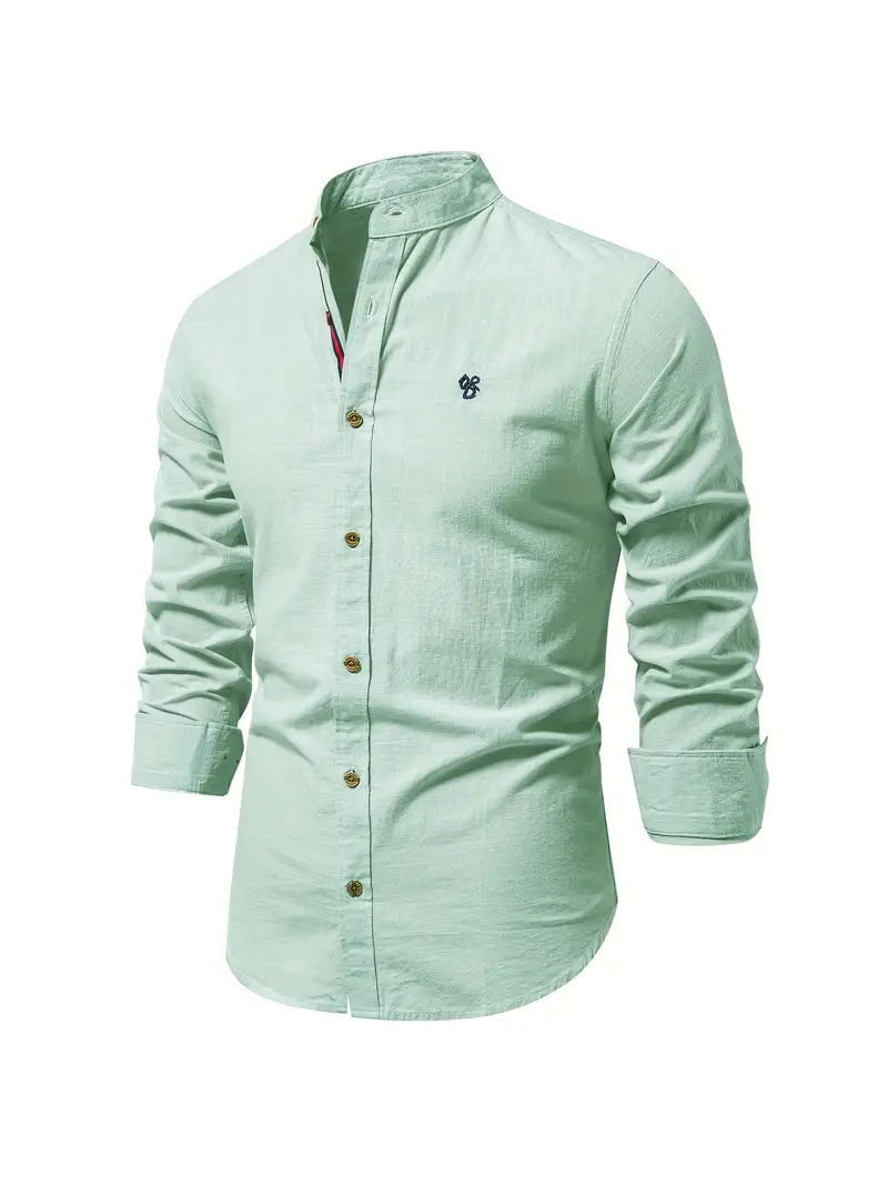 Men's green slim fit cotton dress shirt with button front closure, breathable spring summer style