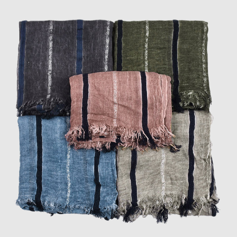 Bergamo golden thread scarf with bold contrasting stripes and delicate fringed edges