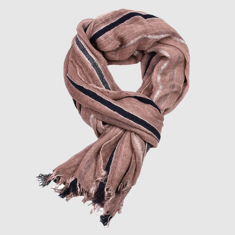 Bergamo golden thread scarf with bold contrasting stripes and fringed edges, premium viscose blend