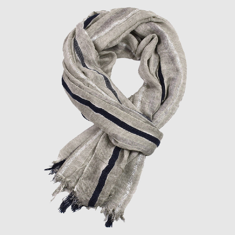 Bergamo golden thread scarf with bold contrasting stripes and fringed edges, premium viscose blend