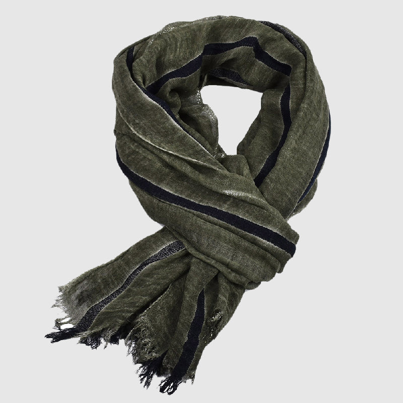 Bergamo golden thread scarf with bold contrasting stripes, shimmering finish, and fringed edges