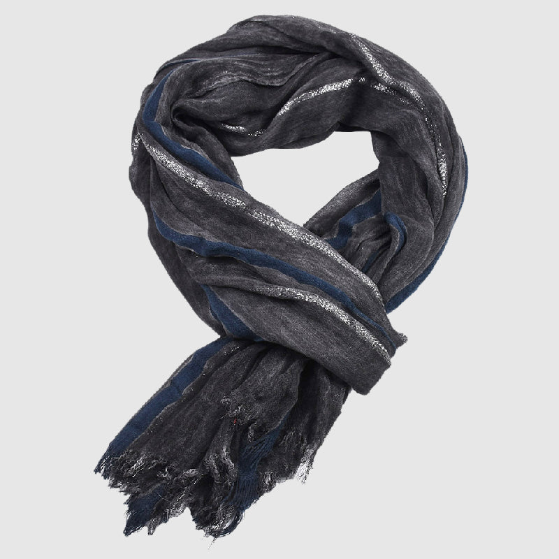 Bergamo golden thread scarf with bold contrasting stripes and fringed edges, premium viscose blend